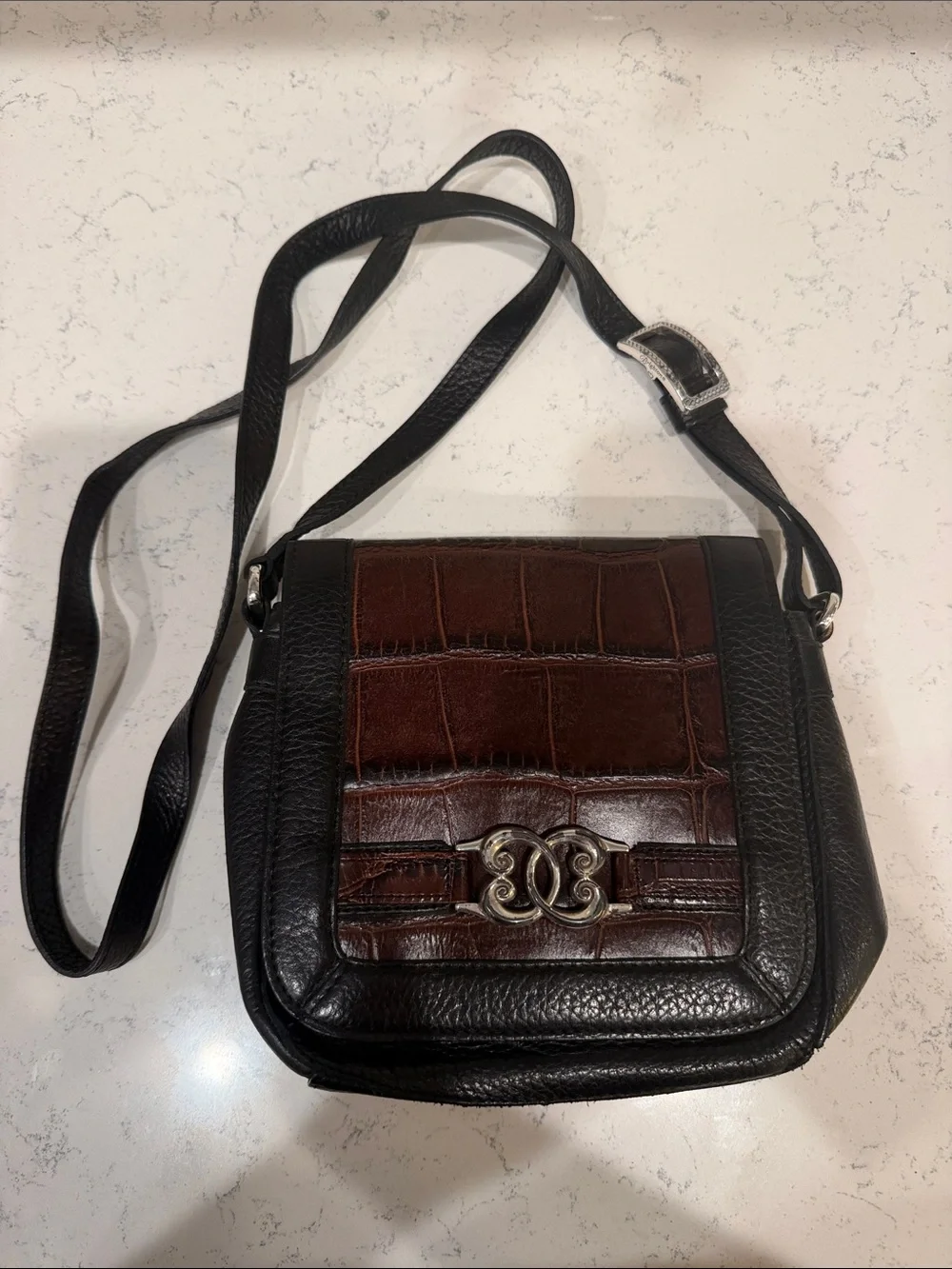 Vintage 90s Brighton Brown and Black Leather Crossbody with Brown Croc-Embossed - Picture 1 of 12